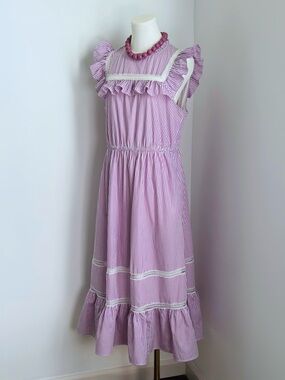 J.Crew NWT Pink & White Striped Ruffle White Lace Trim Midi Dress Women’s Size M